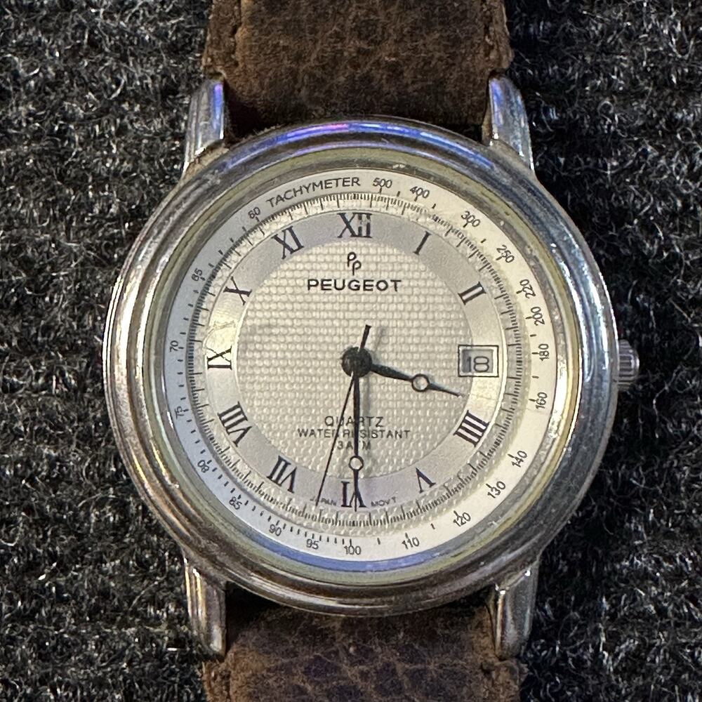 Vintage Peugeot 289 Quartz Watch Silver Tone Cream Roman Numeral Dial Leather